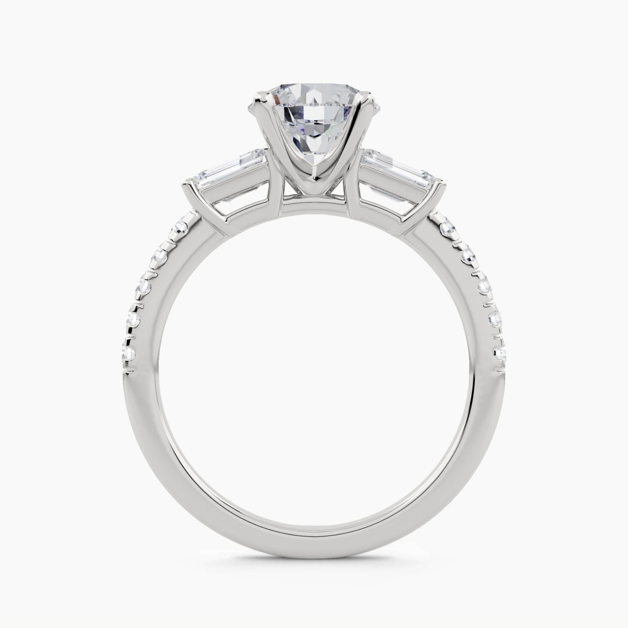 Three-Stone Ring with Emerald-Cut Side Stones and Pavé Shank, front view