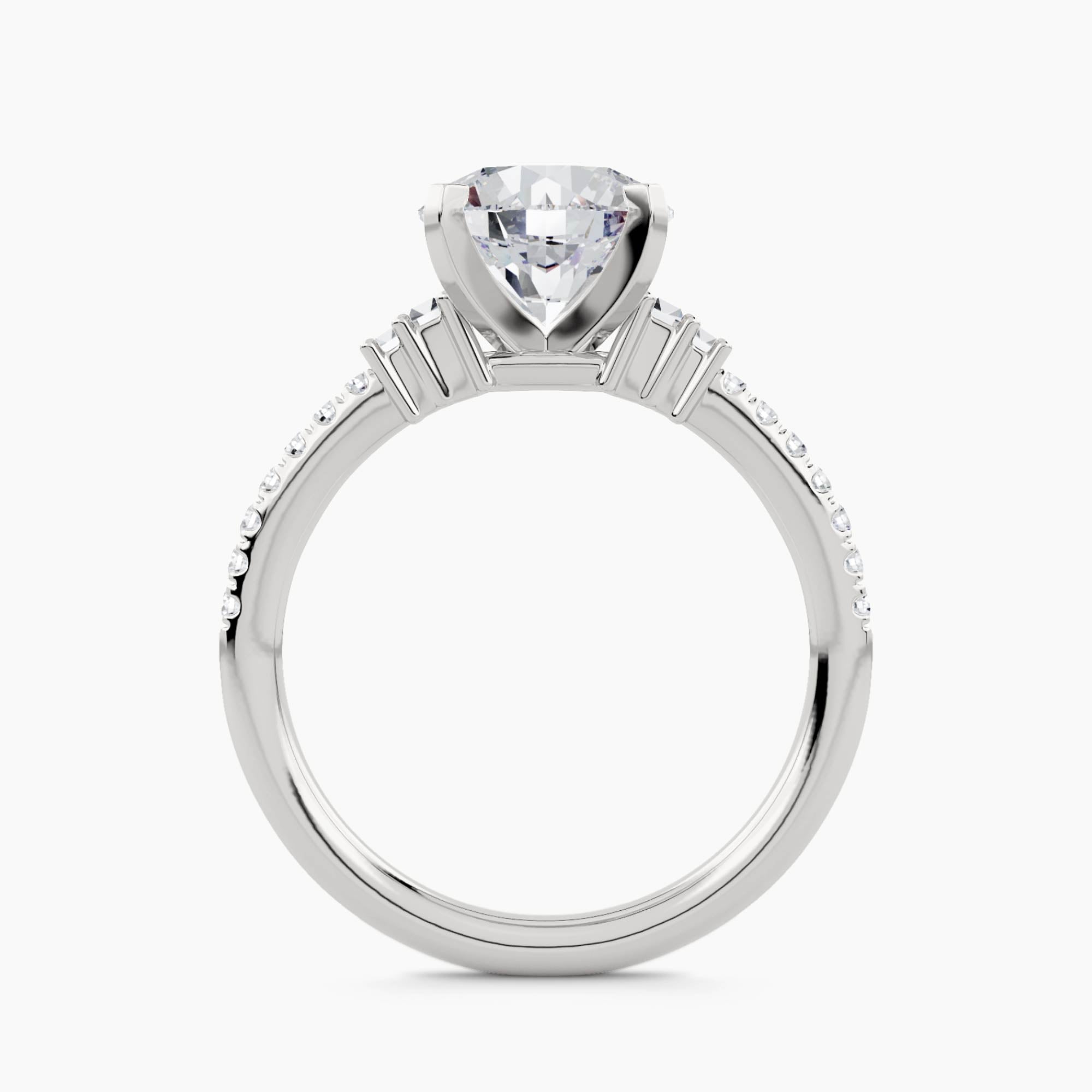 Solitaire Ring with Double Baguette Side Stones and Pavé Shank, front view