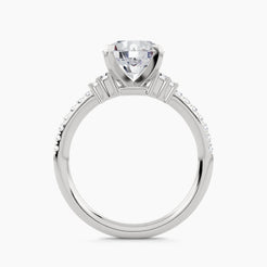 Solitaire Ring with Double Baguette Side Stones and Pavé Shank, front view