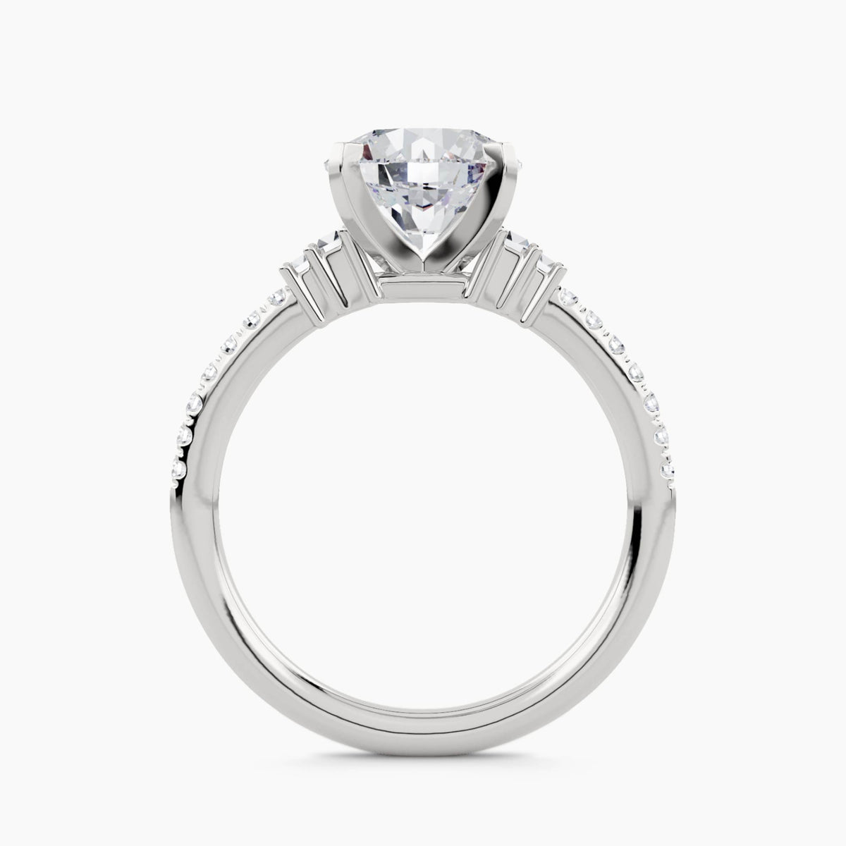 Solitaire Ring with Double Baguette Side Stones and Pavé Shank, front view