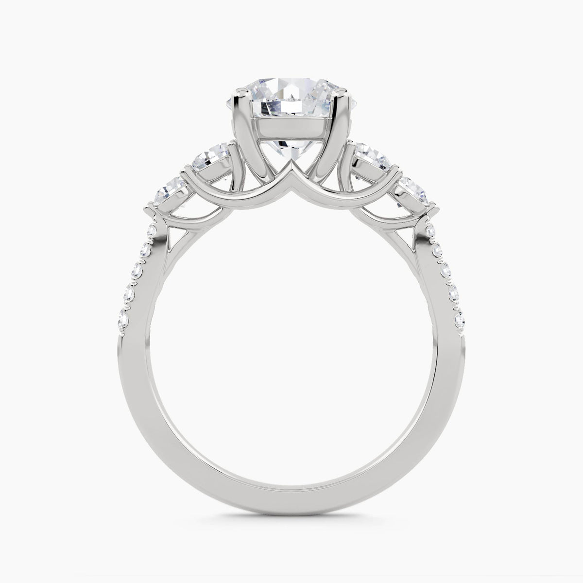Five-Stone Ring with Round Side Stones and Pavé Shank, front view