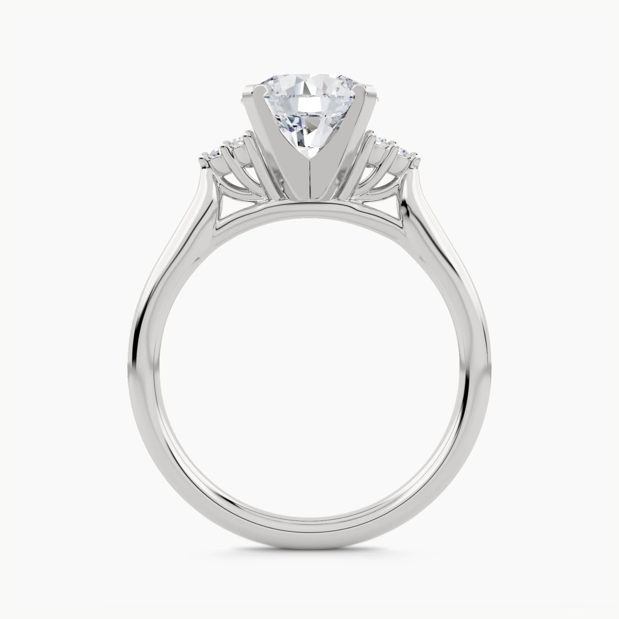 Solitaire Ring with 3 Round Stones on each Shoulder and Box Claws, front view