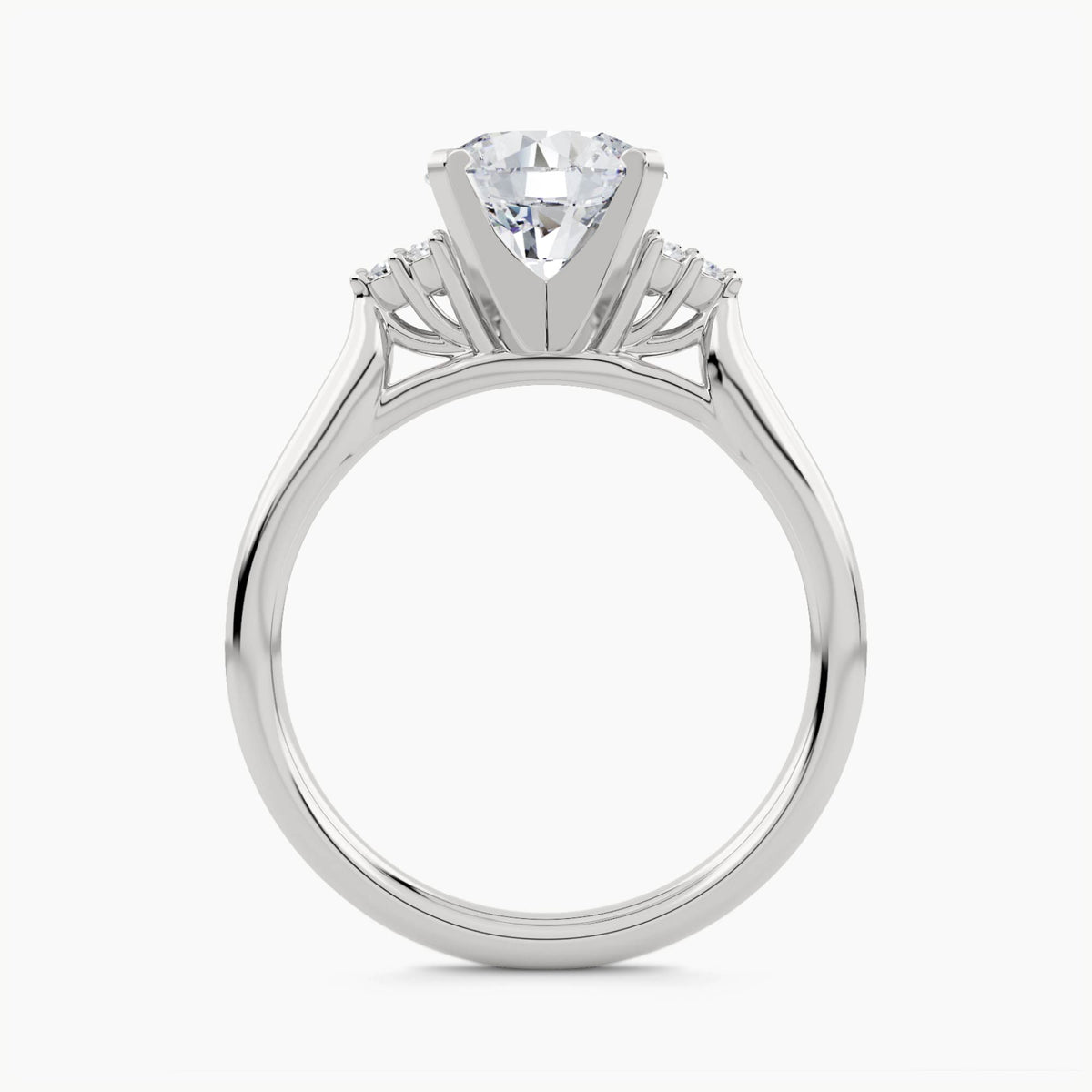 Solitaire Ring with 3 Round Stones on each Shoulder and Box Claws, front view