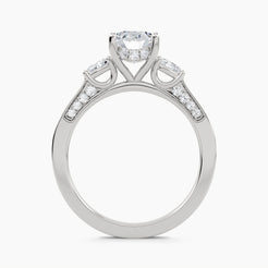 Three-Stone Ring with Pear Side Stones and Pavé Shoulders, front view