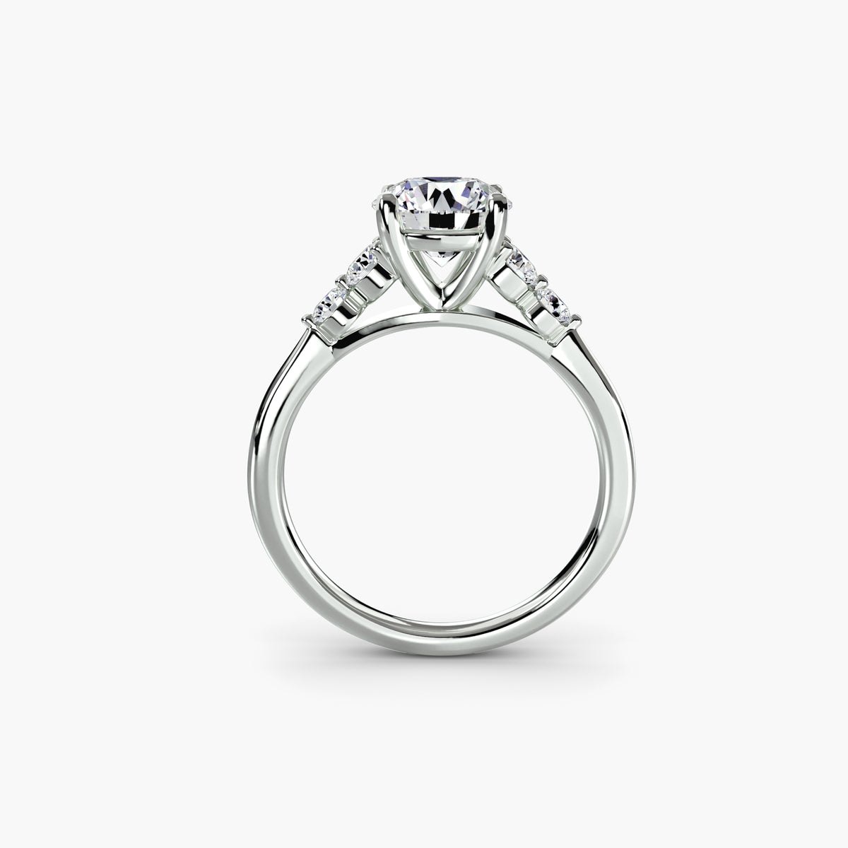 Five-Stone Ring with Round Side Stones and Plain Band, front view