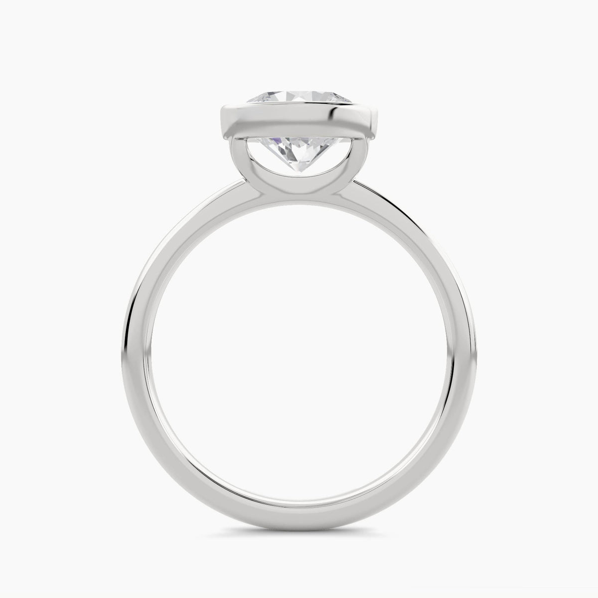 East-west solitaire engagement ring with thin European bezel setting and plain shank, front view