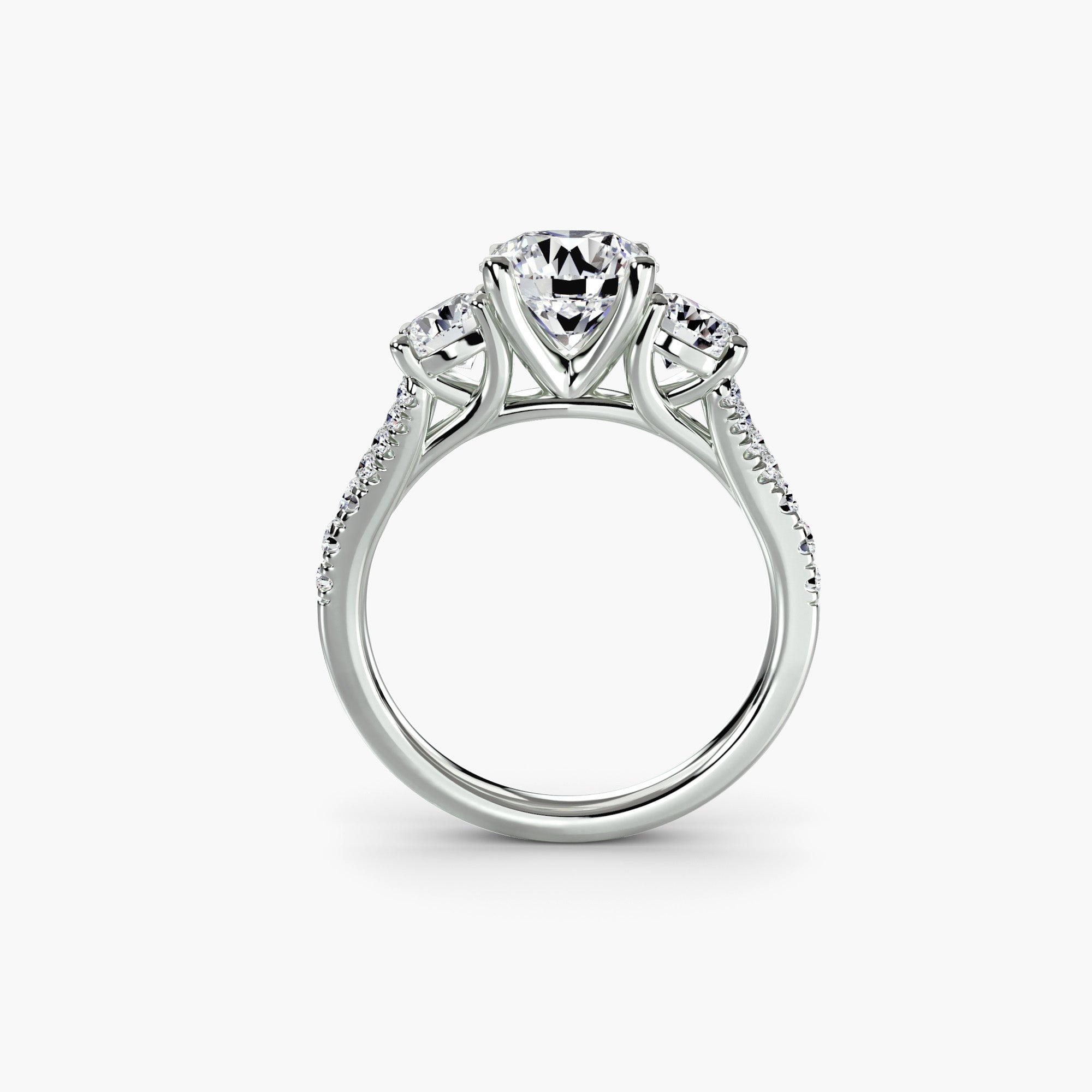 Three-Stone Ring with Round Side Stones and Wide Pavé Shoulders, front view