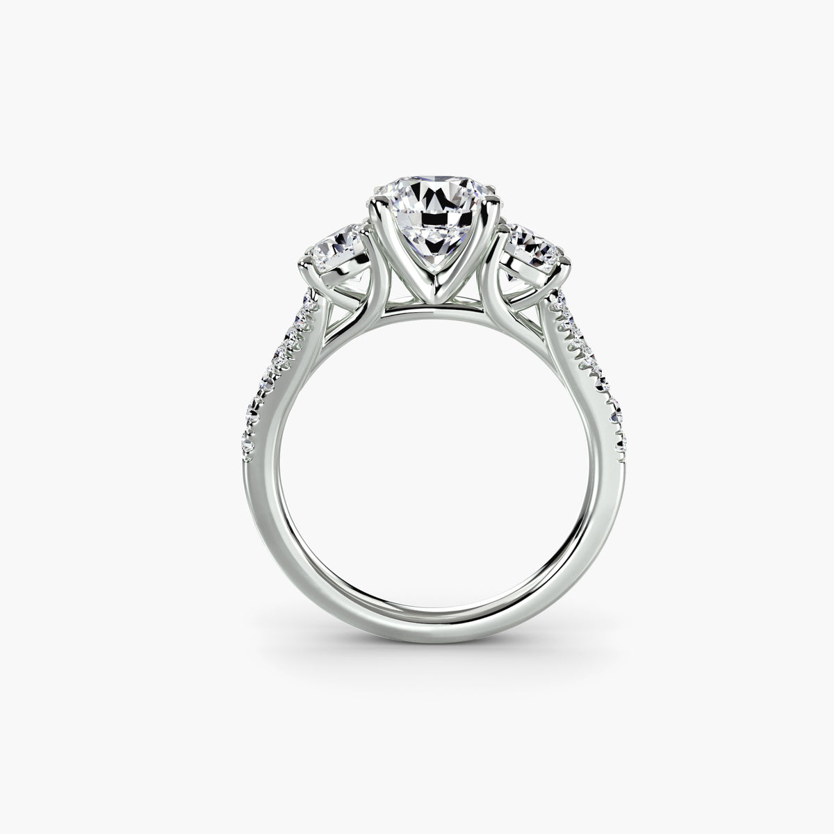 Three-Stone Ring with Round Side Stones and Wide Pavé Shoulders, front view