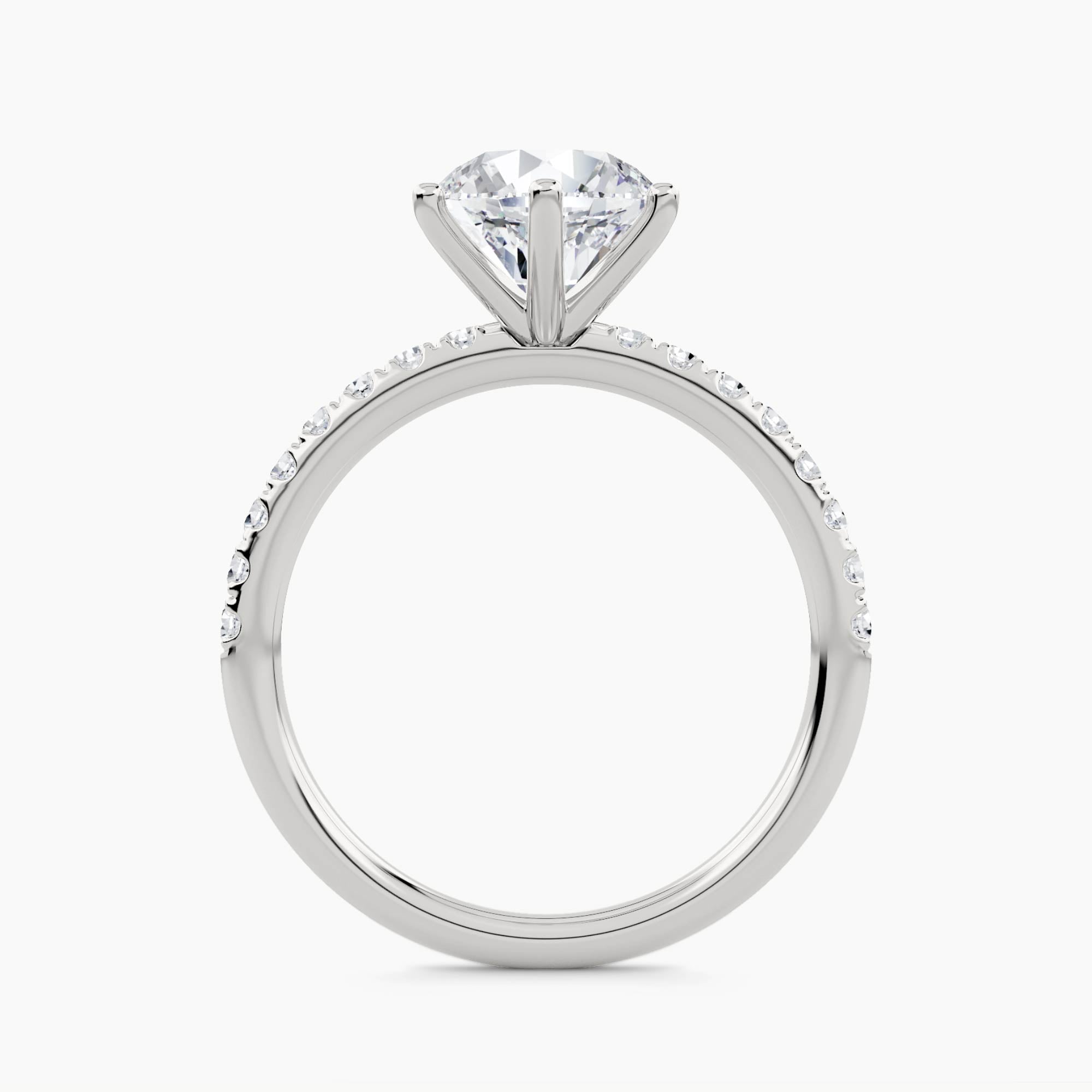 Solitaire engagement ring with pave set shank, front view