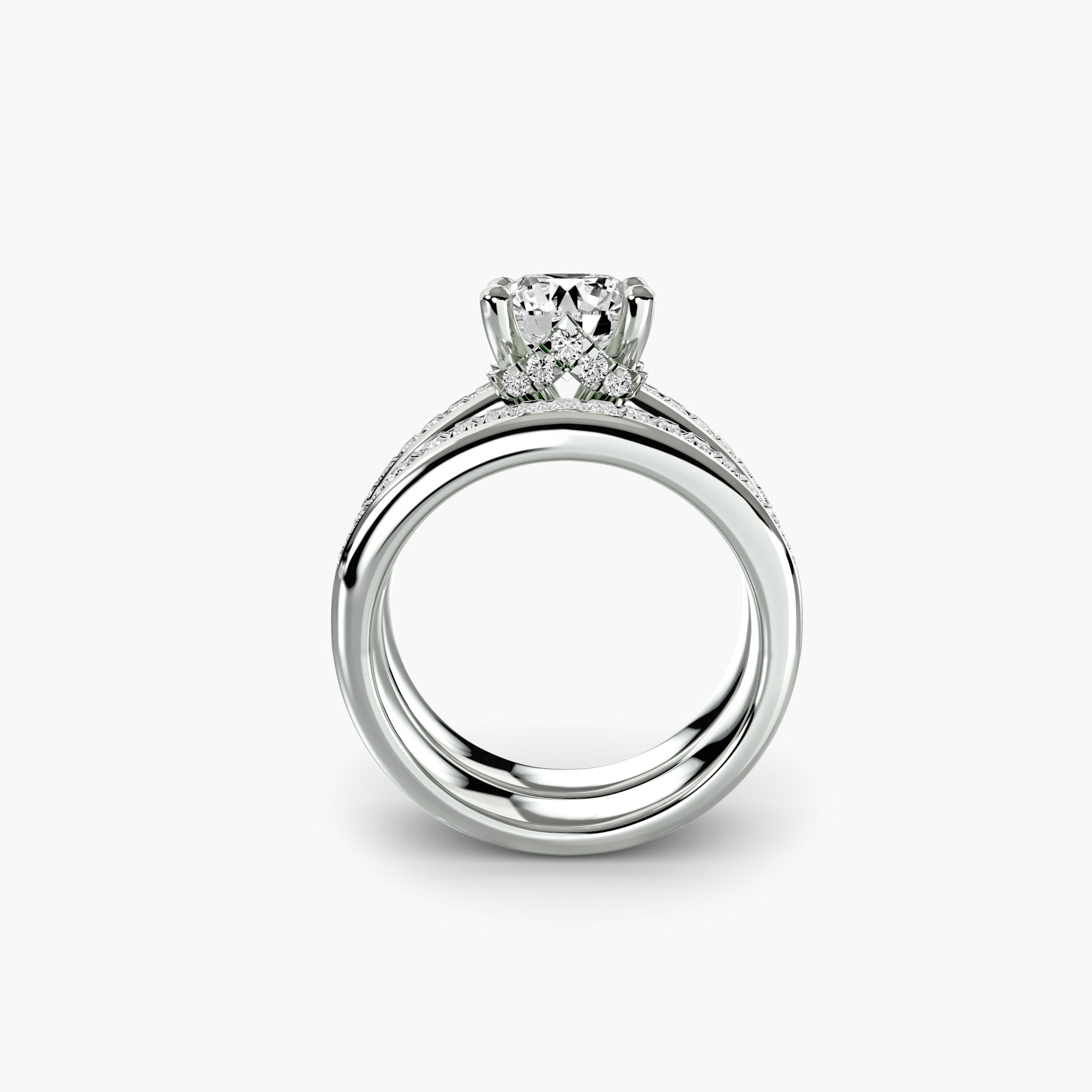 Solitaire Ring with Double Baguette Channel Bands, front view