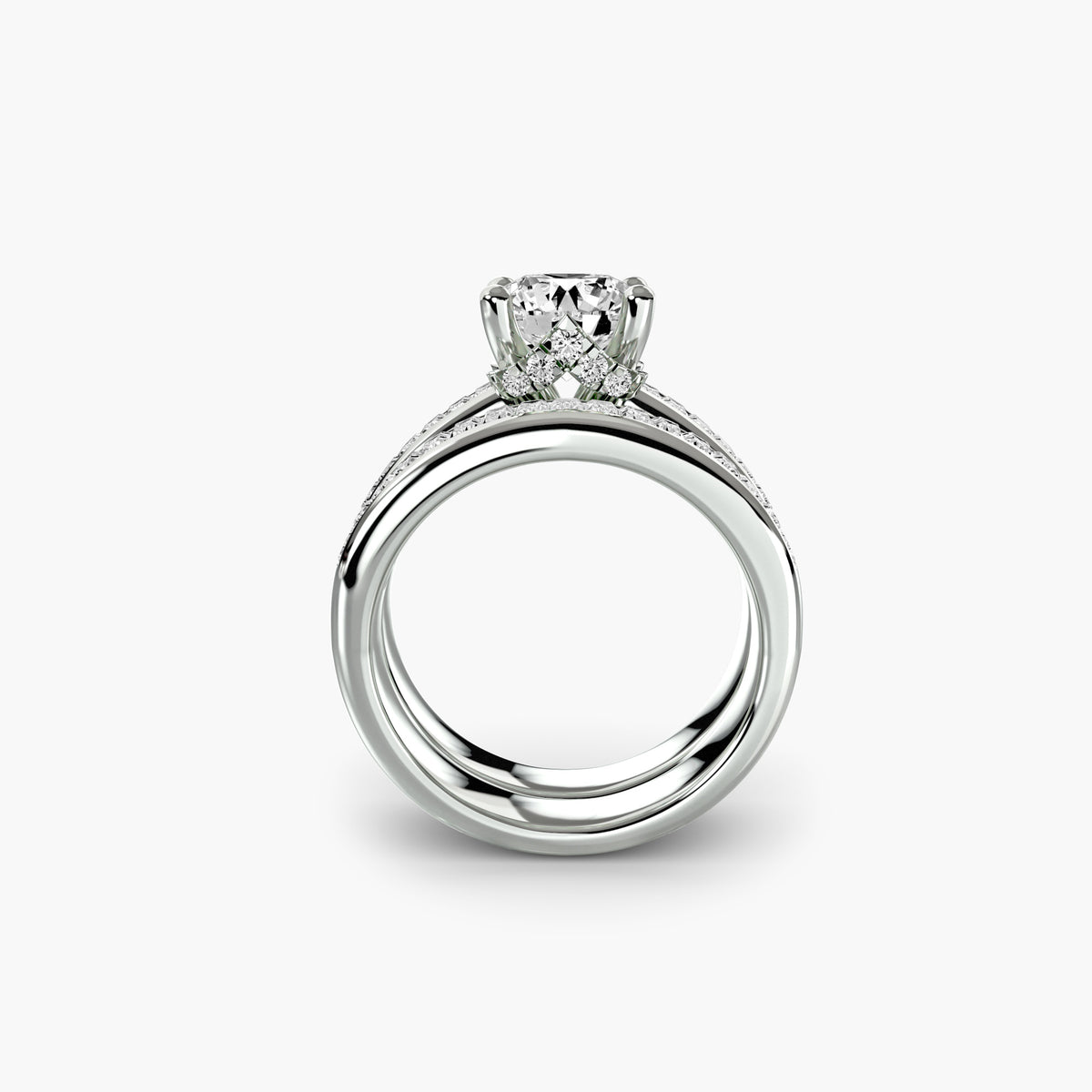 Solitaire Ring with Double Baguette Channel Bands, front view