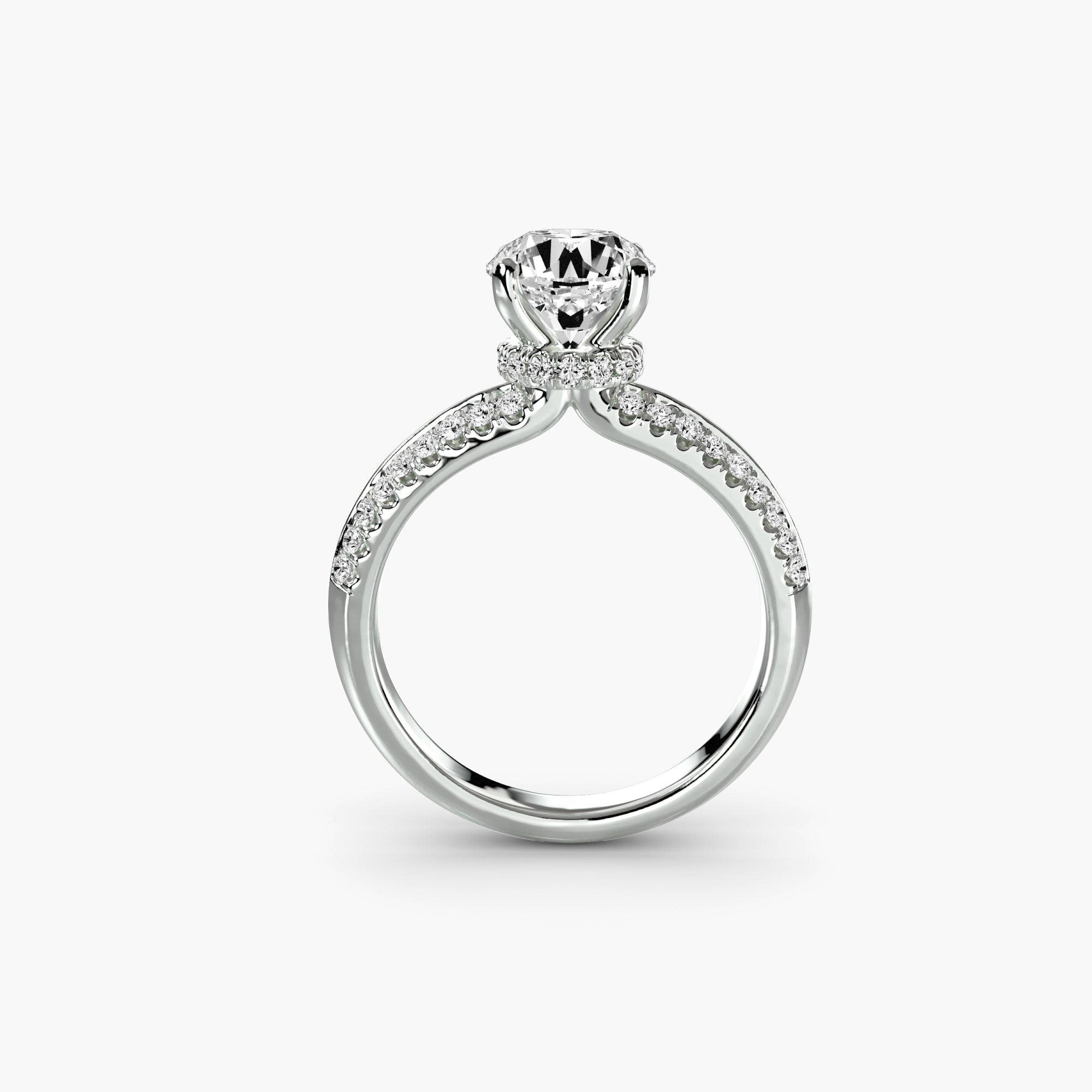 Solitaire Ring with Hidden Halo and Double-Row Pavé Shank, front view