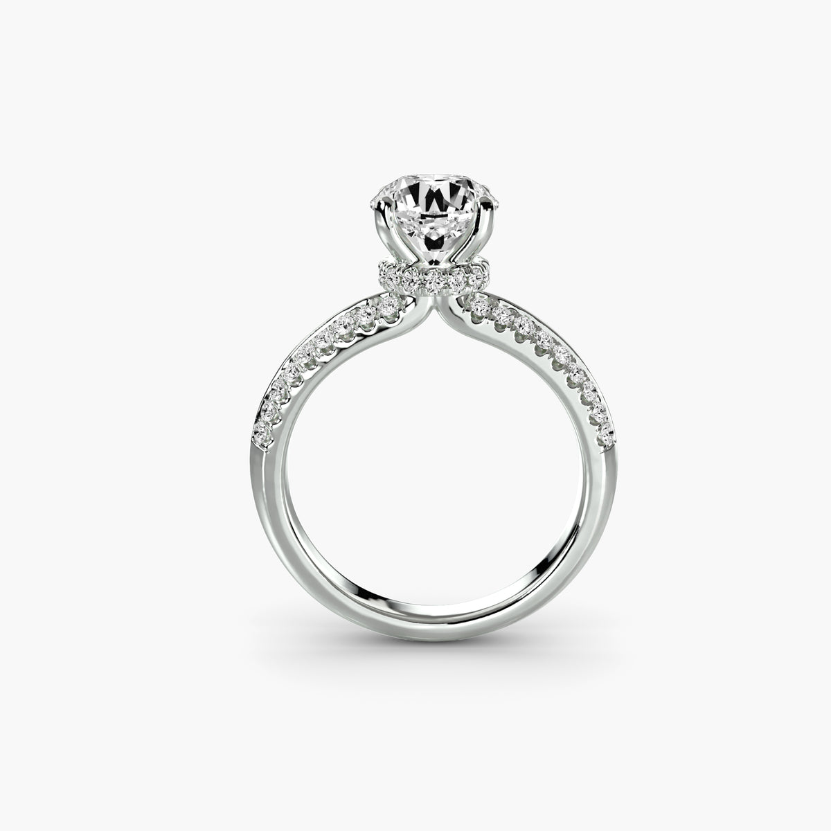 Solitaire Ring with Hidden Halo and Double-Row Pavé Shank, front view