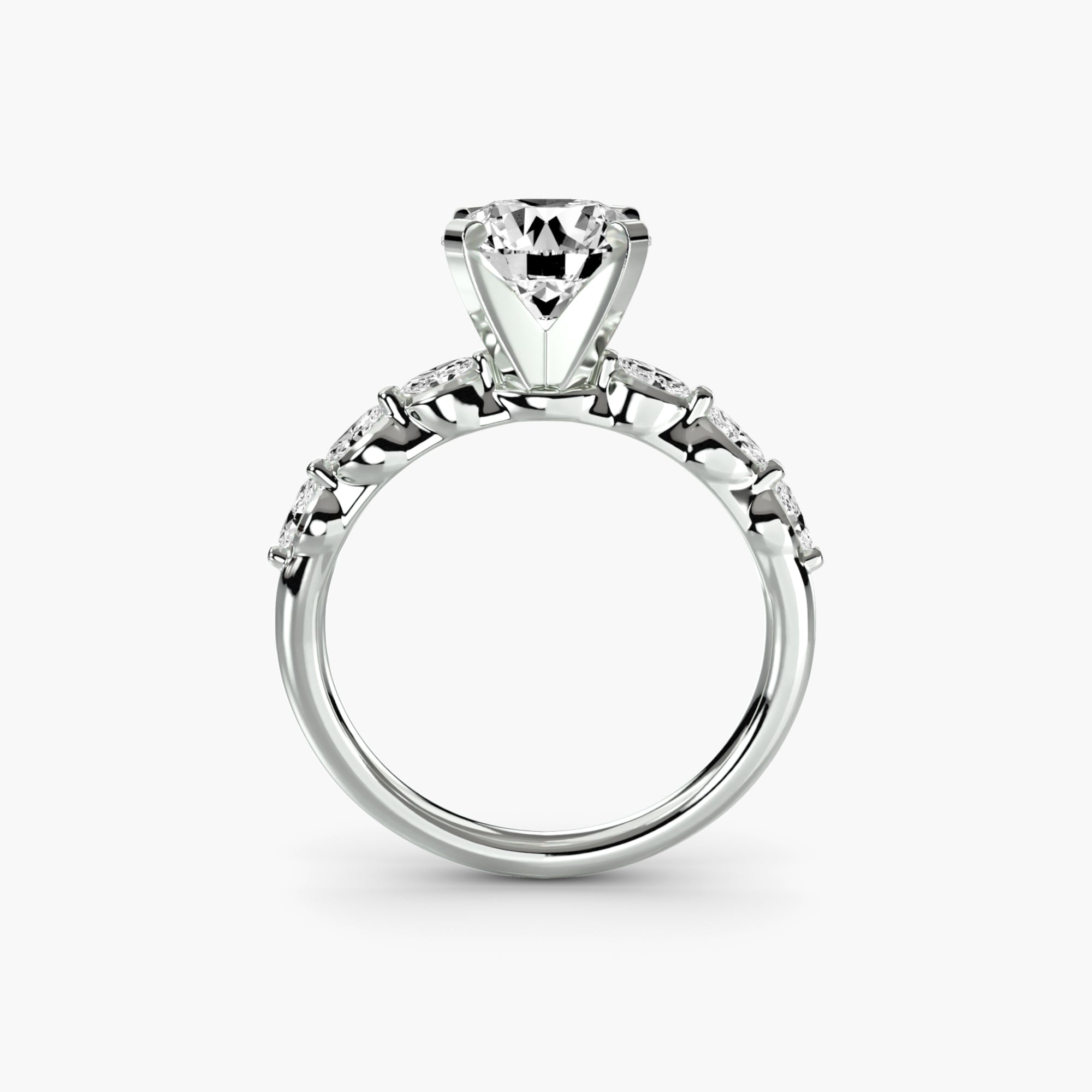 Solitaire Ring with Marquise & Round Accents on Shank, front view