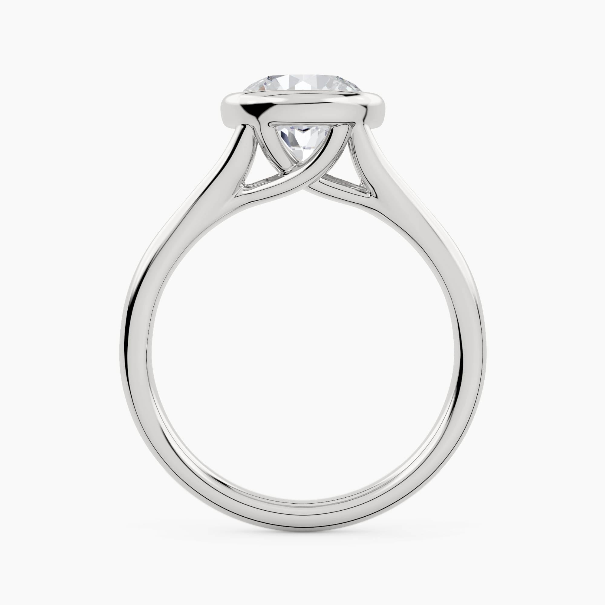 Solitaire engagement ring with thin bezel setting and plain split shank, front view