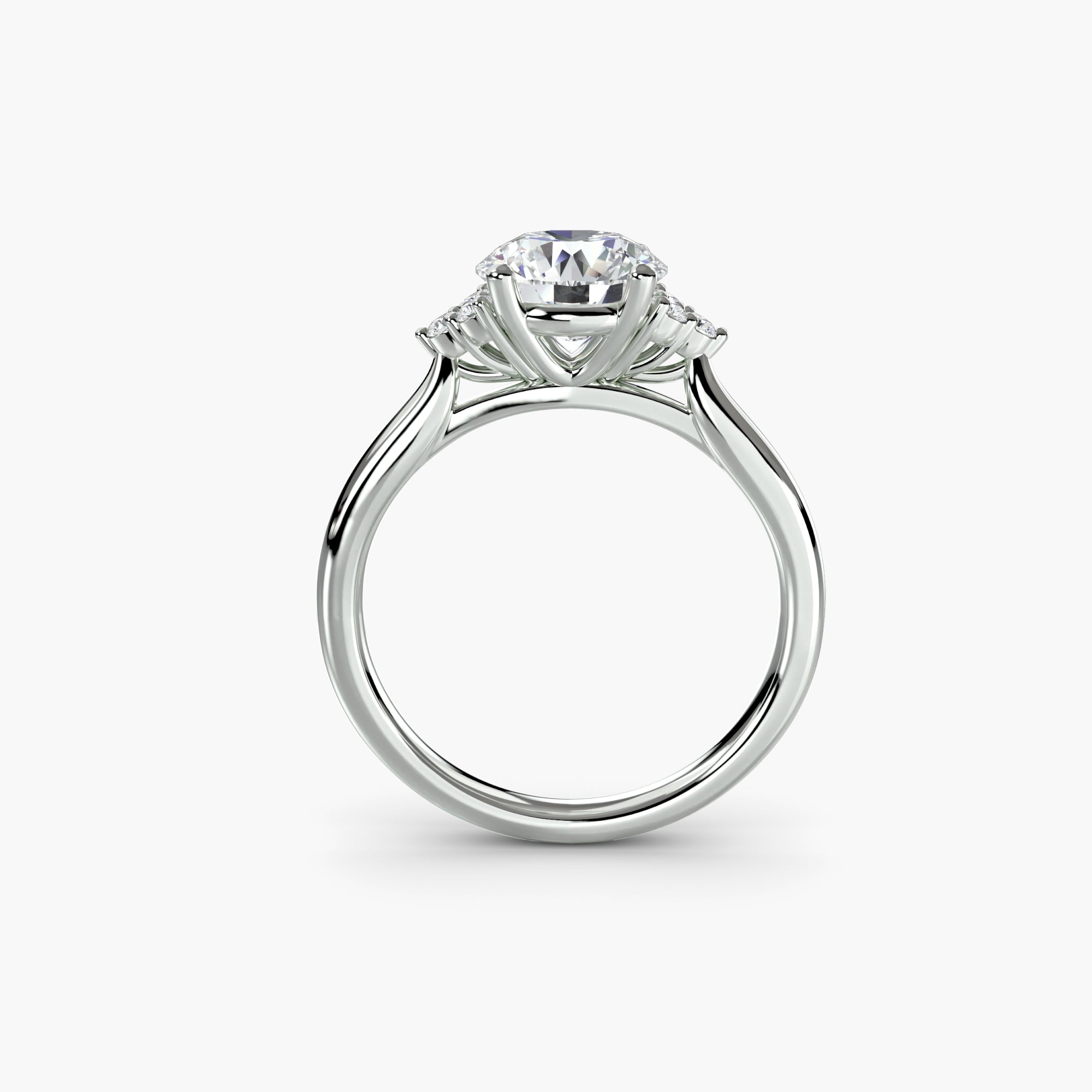 Solitaire Ring with 3 Round Stones on each shoulder, front view