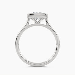 Solitaire engagement ring with thin European bezel setting and plain shank, front view
