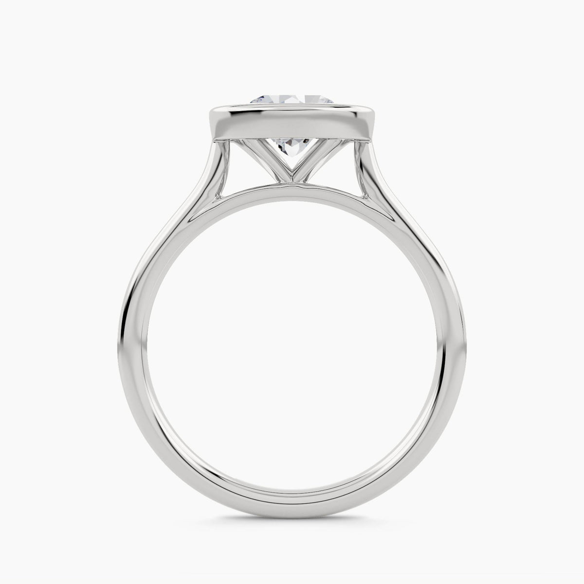 Solitaire engagement ring with thin European bezel setting and plain shank, front view
