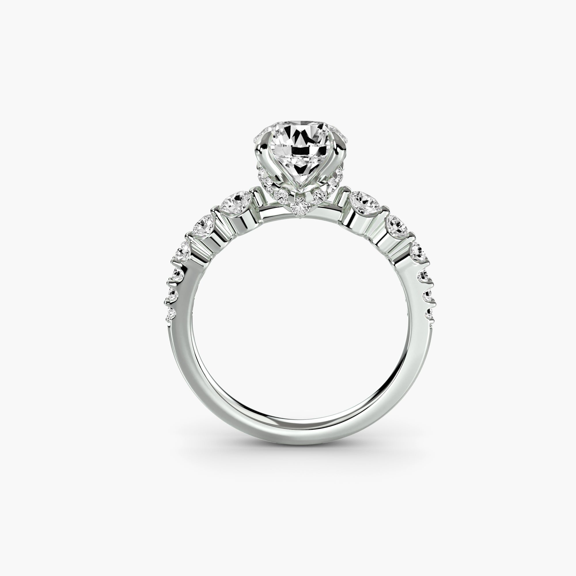 Solitaire Ring with Round Accents and Pavé Shank, front view