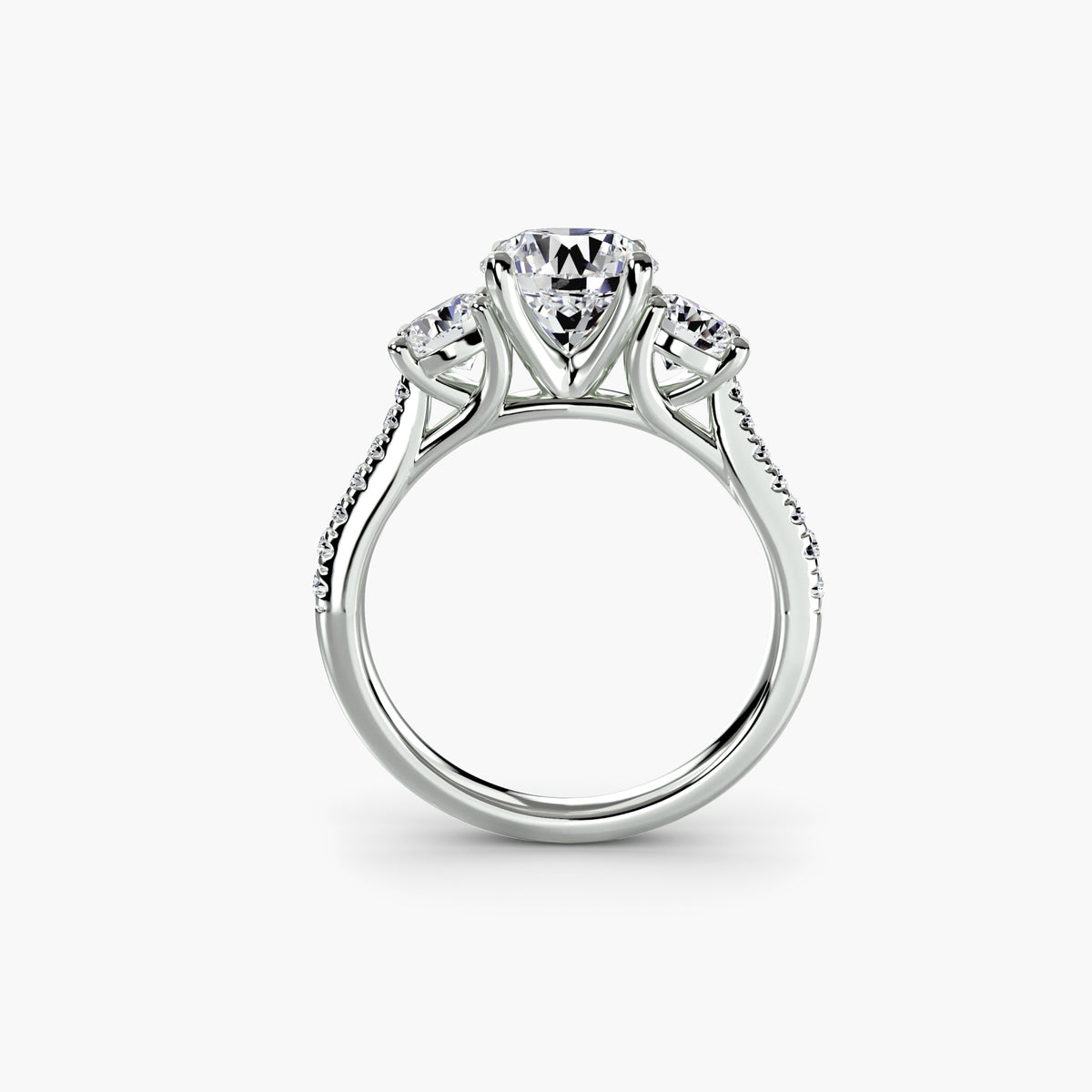 Three-Stone Ring with Round Side Stones and Single-Row Pavé Shank, front view