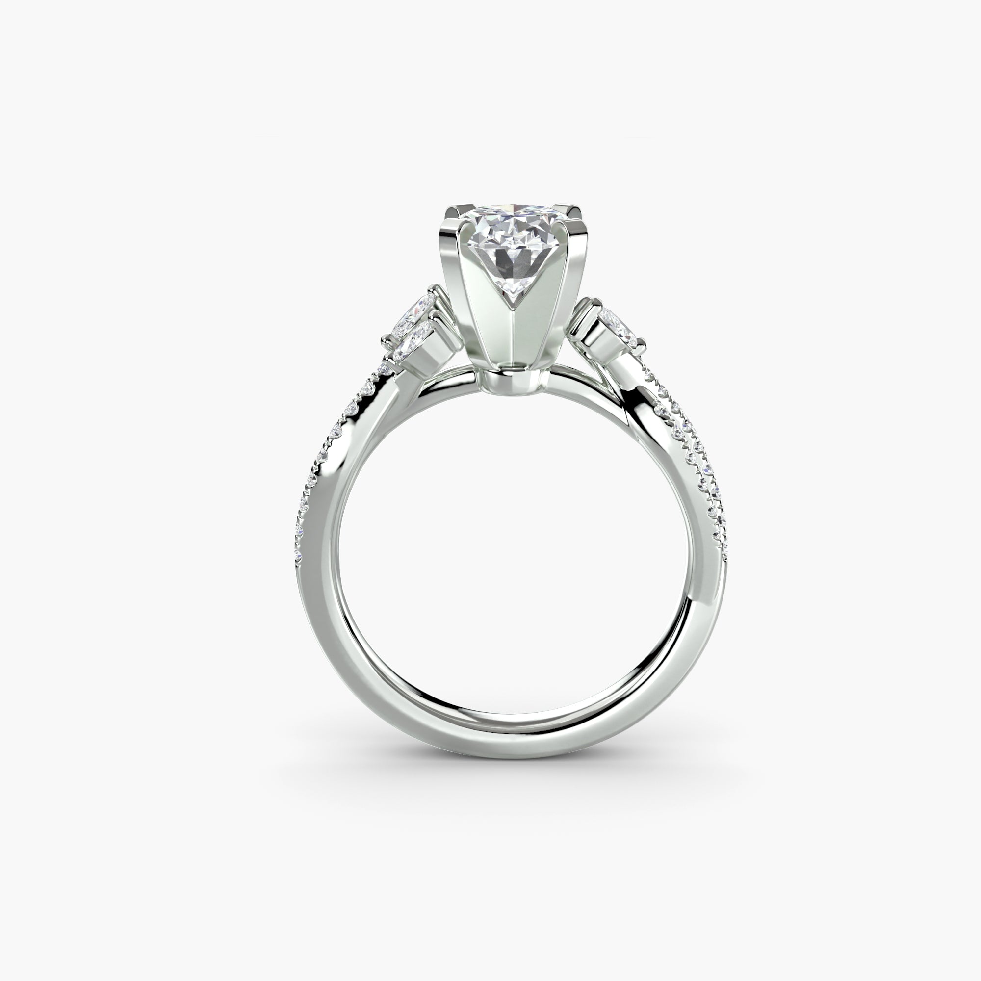 Solitaire Ring with Double Marquise Accents and Twisted Pavé Shank, front view