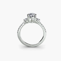 Three-Stone Ring with Round Side Stones and Pavé Shank, front view