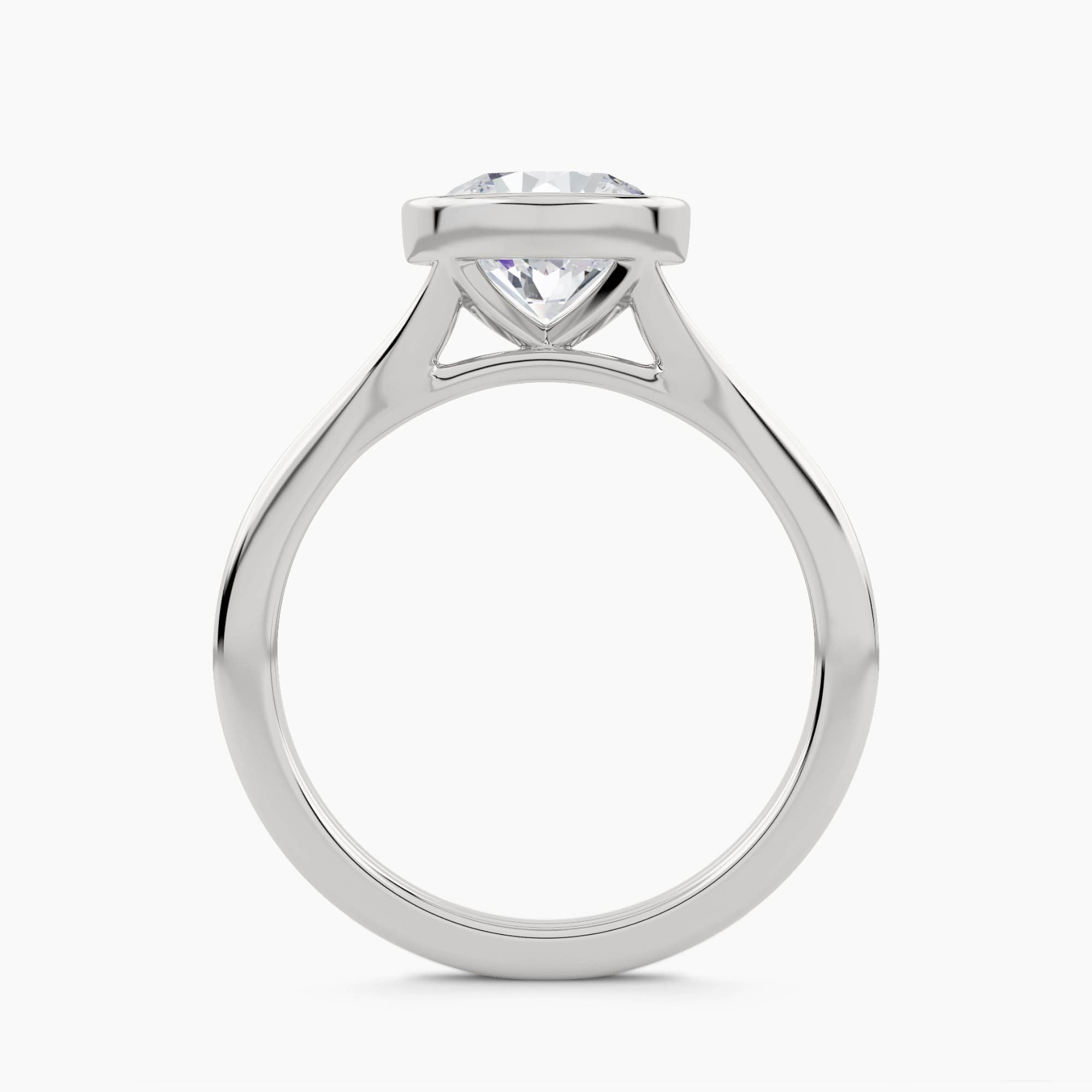 Solitaire engagement ring with thin bezel setting and plain double shank, front view