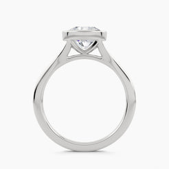 Solitaire engagement ring with thin bezel setting and plain double shank, front view