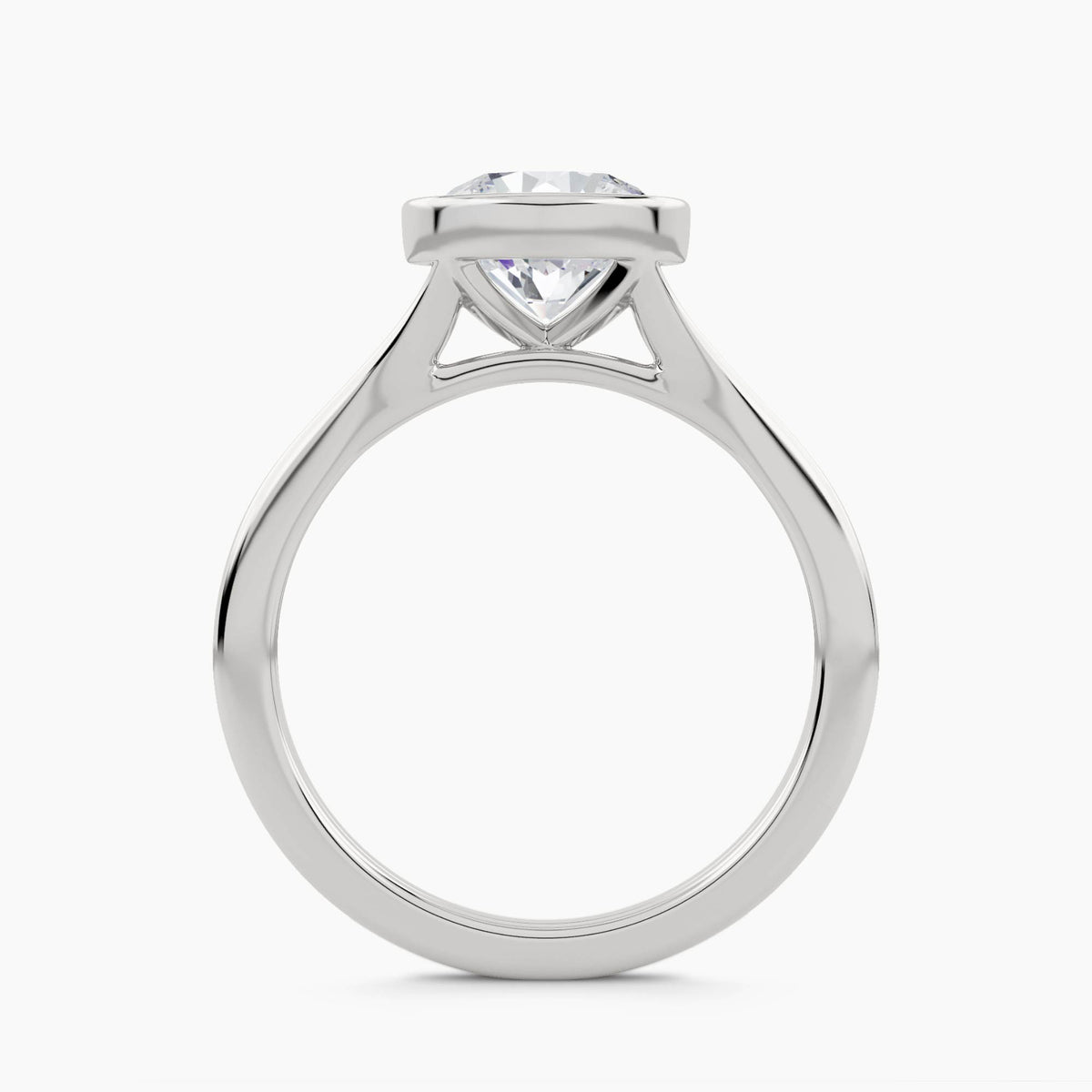 Solitaire engagement ring with thin bezel setting and plain double shank, front view