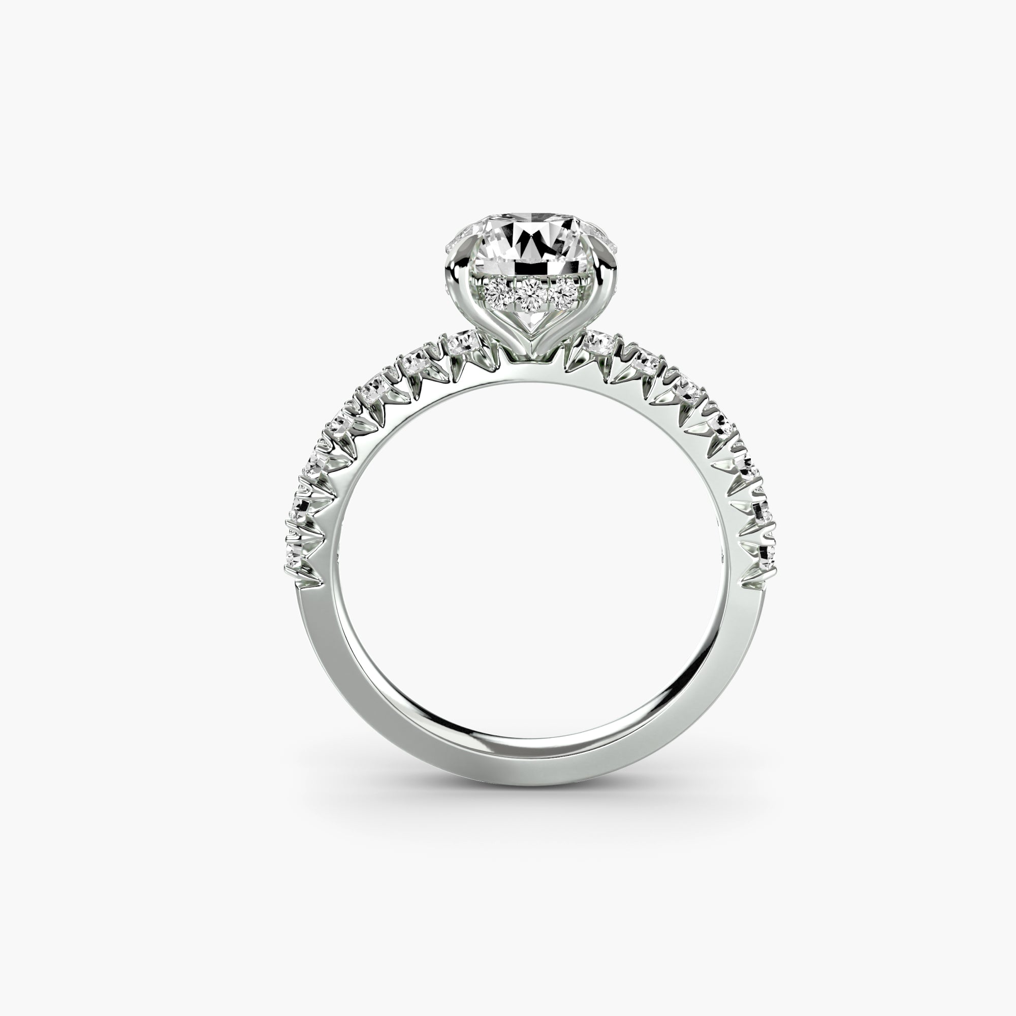 Solitaire Ring with Hidden Halo and Single-Row Pavé Shank, front view