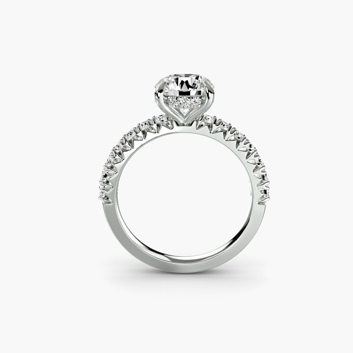 Solitaire Ring with Hidden Halo and Single-Row Pavé Shank, front view
